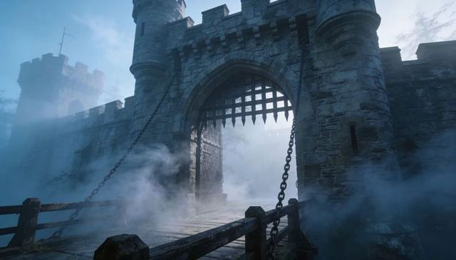 Moody medieval castle gateway with raised iron portcullis, foggy drawbridge approach at dawn