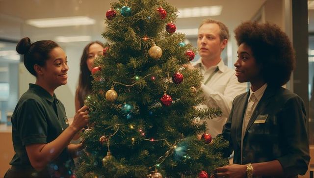 Teamwork at office: coworkers decorating christmas tree