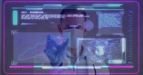 Doctor analyzing holographic data in futuristic medical lab