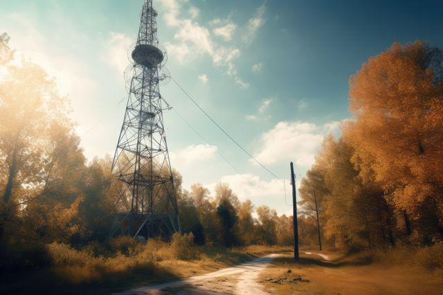 Tall communication tower standing amidst autumnal forest scenery. Path leading through trees with vibrant fall foliage, showcasing bright blue skies. Useful for content related to nature, telecommunication infrastructure, rural settings, seasonal changes, or outdoor activities.