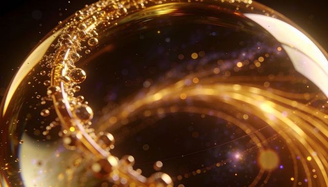 Glowing glass orb revealing golden spiral light trails showcasing macro specular bokeh