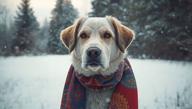 Dog wearing colorful scarf in snowy forest wilderness
