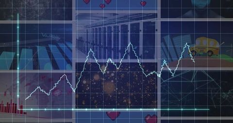 Neon line chart pulsing across tiled data dashboard with glowing nodes and grid