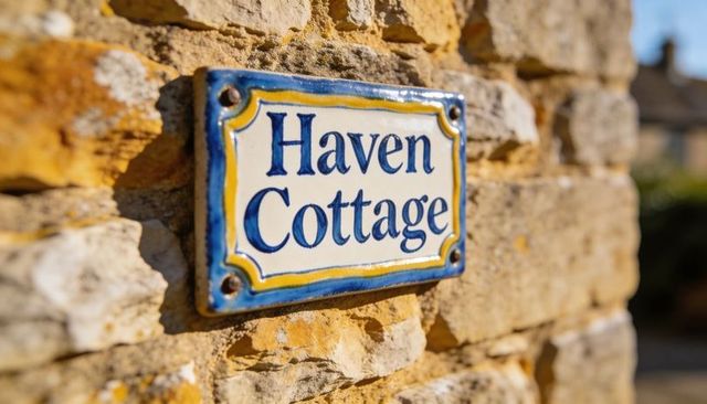 Haven cottage ceramic sign sitting on sunlit limestone wall showing rustic textured detail