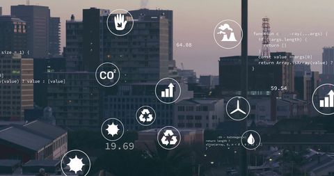 Cityscape with Eco Sustainability Symbols and Data Overlay - Download Free Stock Images Pikwizard.com