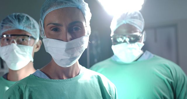 Three surgeons standing in an operating room with surgical masks and caps, illuminated by a bright overhead light. They exude confidence and seriousness, prepared for a medical procedure. This can be used in materials related to medical expertise, healthcare profession, hospital teamwork, and surgical advancements.