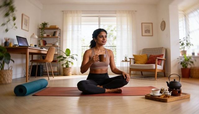 Sunlit morning yoga: woman sipping tea after home practice in cozy living room