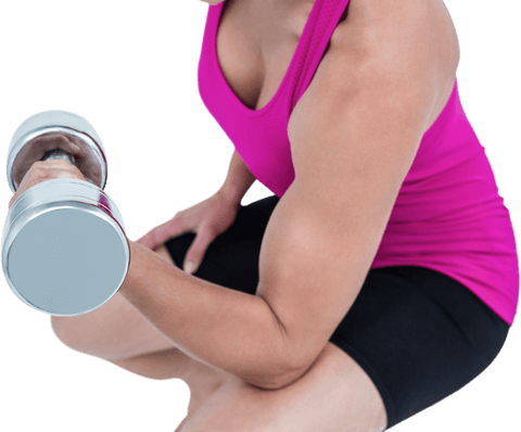 the image depicts a muscular woman lifting dumbbells on a transparent background. she is wearing a pink shirt and black shorts, focusing on her workout routine. this clear cutout is ideal for fitness promotions, gym posters, or exercise-related publications where a demonstration of strength and a healthy lifestyle is necessary.