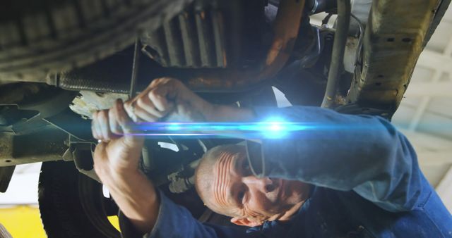 Mechanic focusing on repairing underbody of car in automotive workshop. Ideal for content related to vehicle maintenance, repair services, automotive industry, and technical skills training.