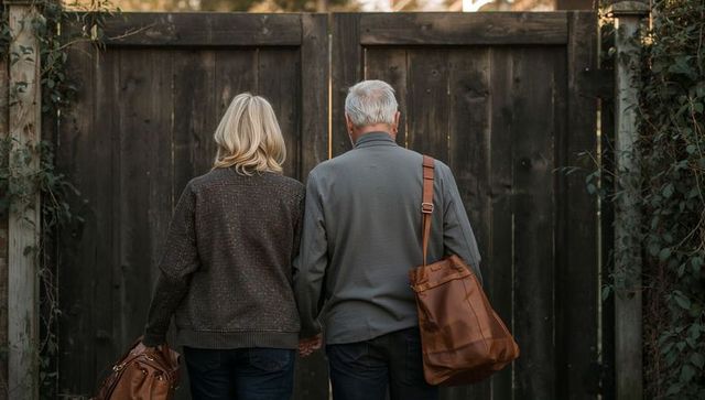 Senior couple holding hands at wooden garden gate carrying leather travel bags during autumn dusk