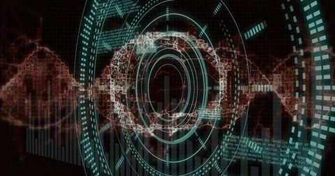 Futuristic circular HUD glowing with intersecting neon cyan data waveform and interface