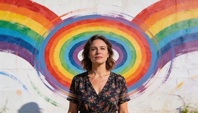 Woman standing wearing floral dress before vibrant rainbow mural sunlit urban portrait