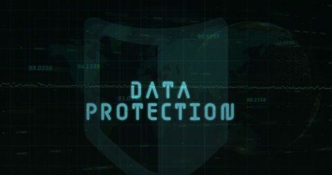 Glowing Data Protection Text with Digital Shield and Globe Illustrations
