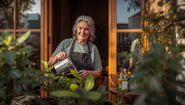 Senior woman watering balcony plants at golden hour, smiling urban gardener enjoying hobby