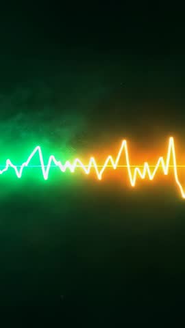 Vertical neon audio waveform oscillating across dark panel, multicolor sound visualizer