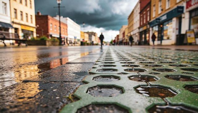 Rainy high street close-up of green hexagonal grate with puddles, reflections and lone walker