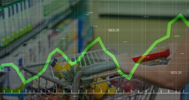 Image of graphs with changing numbers over caucasian woman with grocery filled shopping cart. Digital composite, multiple exposure, growth, retail, food, report and business concept