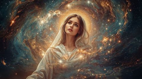 Celestial the virgin mary woman in cosmic nebula with golden halo