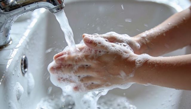 Child washing soapy hands under running faucet promoting hygiene and handwashing routine