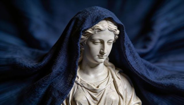 Classical marble bust wearing navy drape on dark studio backdrop with soft directional light