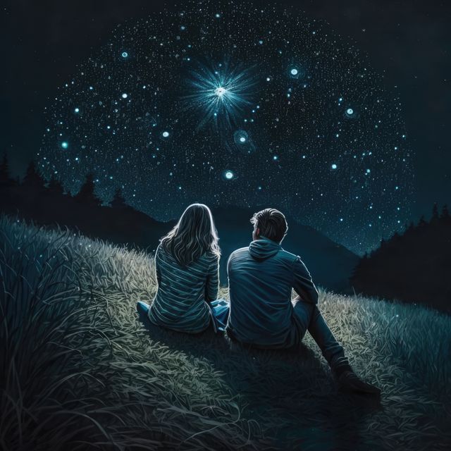 Couple sitting together on grassy slope under bright starry sky, wearing casual clothes, watching stars. Ideal for romantic, serene, and nature themes in magazines, websites, and advertisements aiming to evoke tranquility and connection.