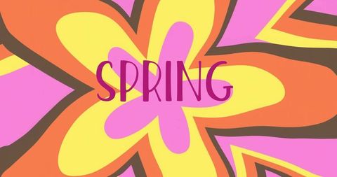 Retro psychedelic flower blossom with bold brown outlines spring text vibrant pink orange