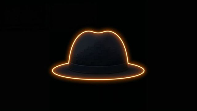 Glowing fedora hat with neon-orange outline and halo effect on dark minimalist background