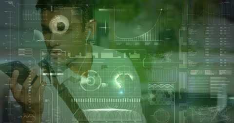 Futuristic Data Interface Overlay on Man Using Smartphone Outdoors