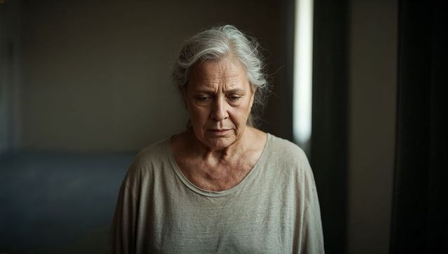Pensive senior woman standing in soft window light minimalist interior portrait