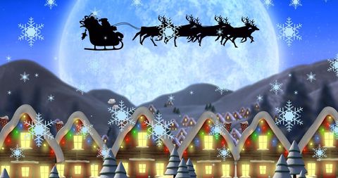 this magical holiday scene depicts santa claus in a sleigh pulled by reindeer soaring over a snow-covered village illuminated by christmas lights. against the backdrop of a large moon and falling snowflakes, it captures the essence of a winter christmas night. perfect for holiday greeting cards, seasonal decorations, festive event promotions, and social media holiday posts, evoking nostalgic and warm emotions.