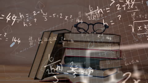 Digital Learning Concept with Books and Mathematical Equations Overlay