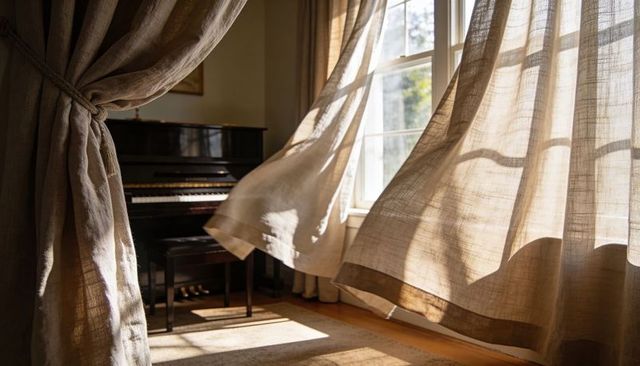 Sunlit linen curtains billowing around upright piano in cozy rustic music room