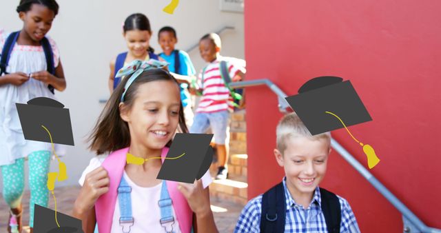 Image of school graduation hat icons over smiling school children at school. education, learning and schooling concept digitally generated image.