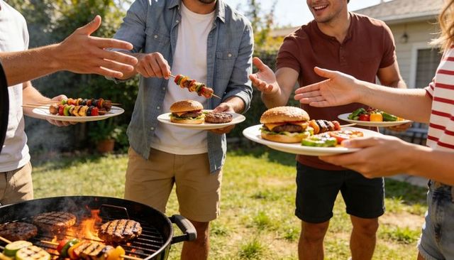 Friends grilling burgers and colorful veggie skewers in sunny backyard summer barbecue