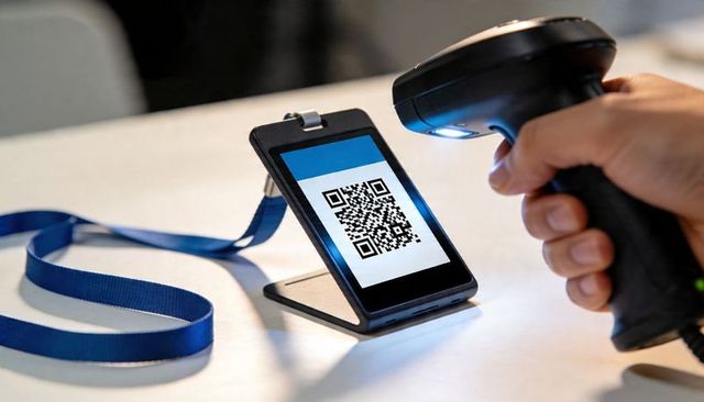 Contactless qr code scanning for event check-in showing mobile pass on desk stand with scanner