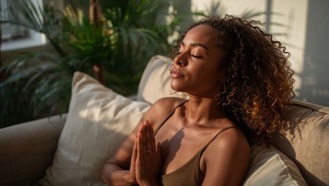 Sunlit mindfulness: woman meditating with hands pressed together on cozy sofa