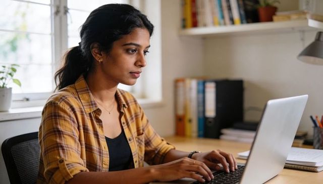 Focused woman typing on laptop at home office desk, remote work and productivity