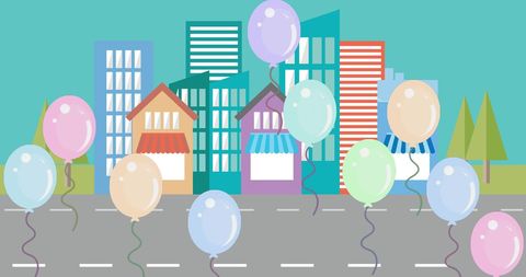 Colorful Balloons Floating in Urban Cityscape Illustration - Download Free Stock Images Pikwizard.com