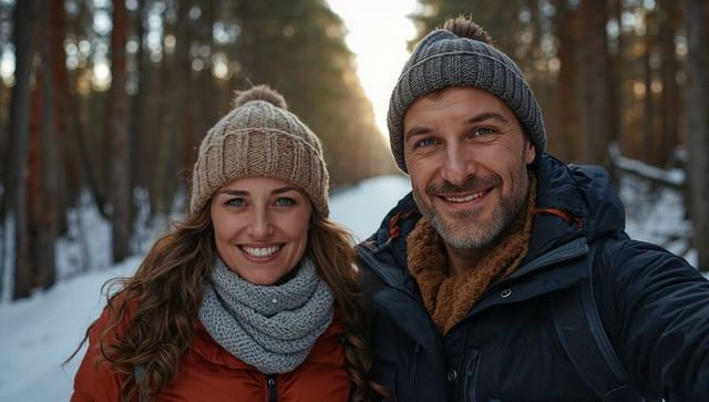 Smiling couple hiking snowy pine trail wearing knit beanies scarves and puffer jackets