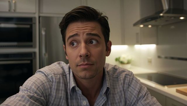 Man glancing left at modern kitchen countertop wearing plaid shirt looking thoughtful