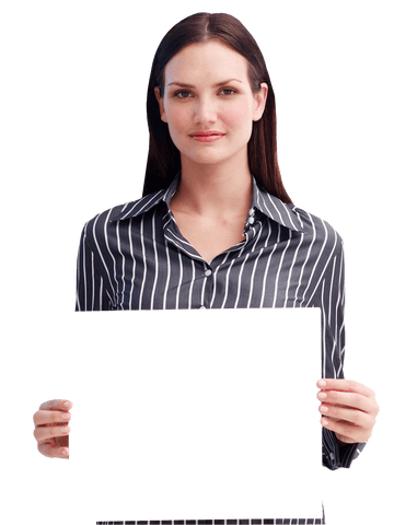 Businesswoman holding blank card on transparent background