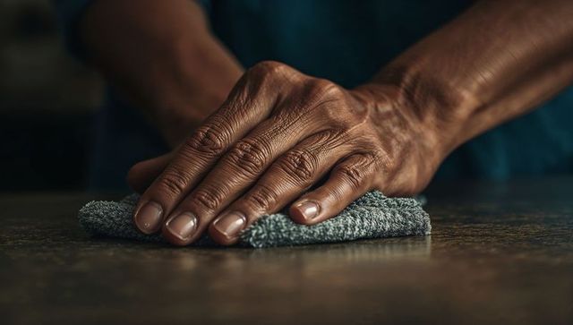 Mature hands wiping counter with microfiber cloth, closeup of wrinkled skin and cleaning