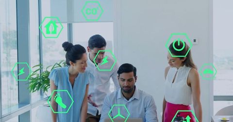 Business Team Analyzing Environmental Metrics on Laptop with Digital Green Icons