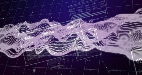 Flowing Luminous Data Ribbon Crossing 3D Grid with Numeric Panels and Node Markers