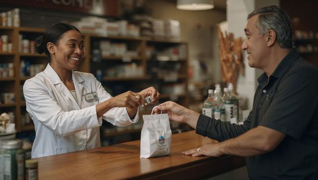 Pharmacist handing prescription vial to customer over counter with branded bag, friendly exchange