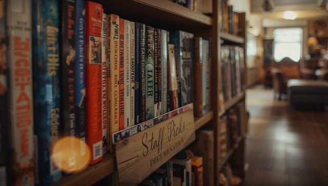 Cozy bookstore staff picks wooden shelf with warm bokeh and vintage reading nook