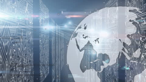 Digital Globe with Surreal Server Room in Blue