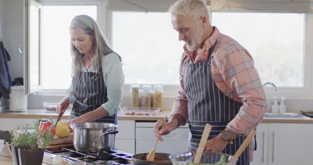 Senior Couple Cooking Together in Kitchen with Aprons and Fresh Vegetables - Download Free Stock Images Pikwizard.com