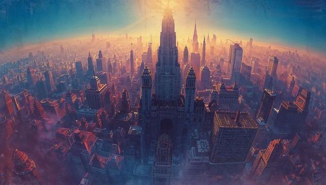 Gothic-inspired skyscraper soaring above sunlit metropolis at golden hour