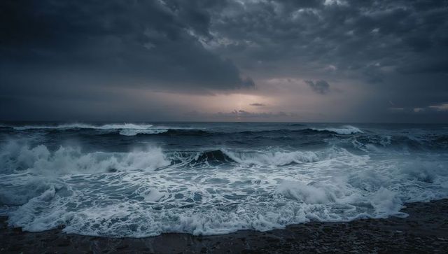 Moody stormy waves crashing on rocky shore at dusk with dramatic clouds